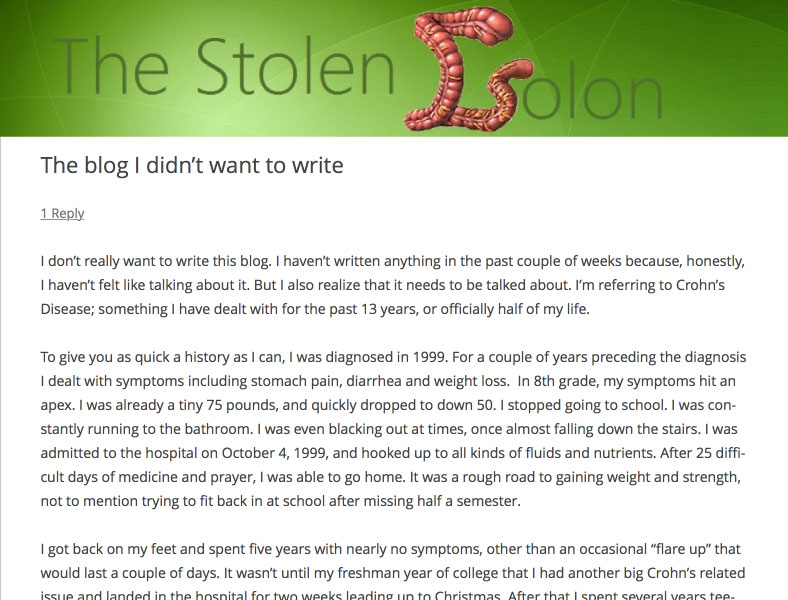the stolen colon blog post ileostomy crohn's disease inflammatory bowel ulcerative colitis stephanie hughes